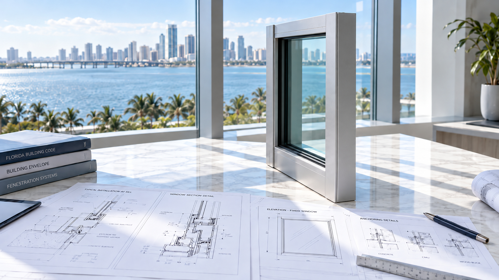 Architectural drawings on a table by a window in a building near the beach on a sunny day