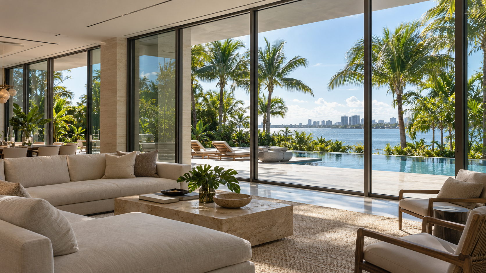 A modern residential interior in South Florida on a summer day